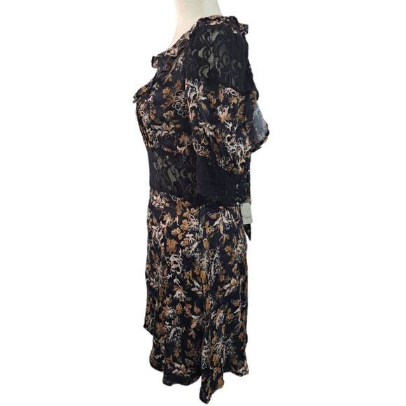 Free People Lucie Dress Black Yellow Short Lace Boho Coquet Puff  Sleeve Sz 4 - Picture 6 of 9